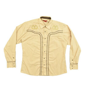 Patron Cito Red Label XL Tan Western Cowboy Shirt Horseshoe Chain Stitch Embroid
